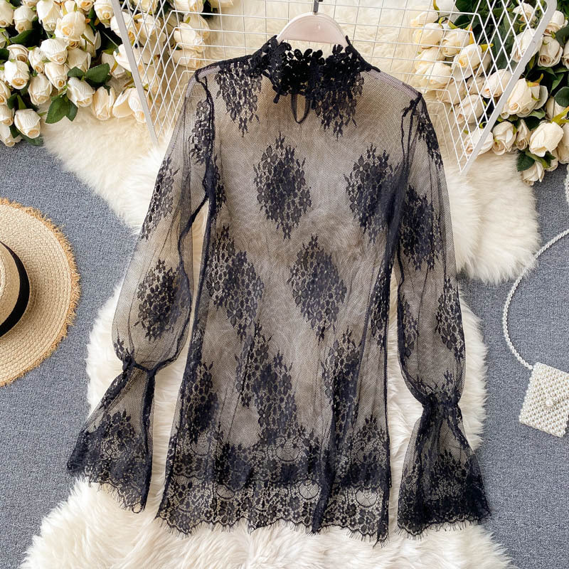 Korean Style Autumn Lace Top and Wide-Leg Jumpsuit Set