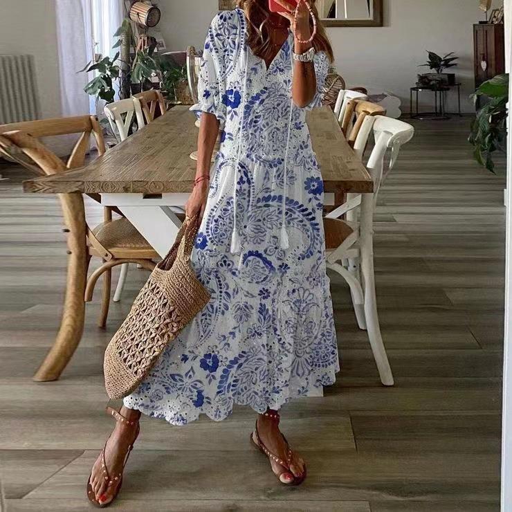 2021 Casual Sweet V-Neck Printed Midi Dress for Women