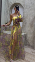 Summer Floral Long Sleeve Dress with Asymmetrical Shoulder