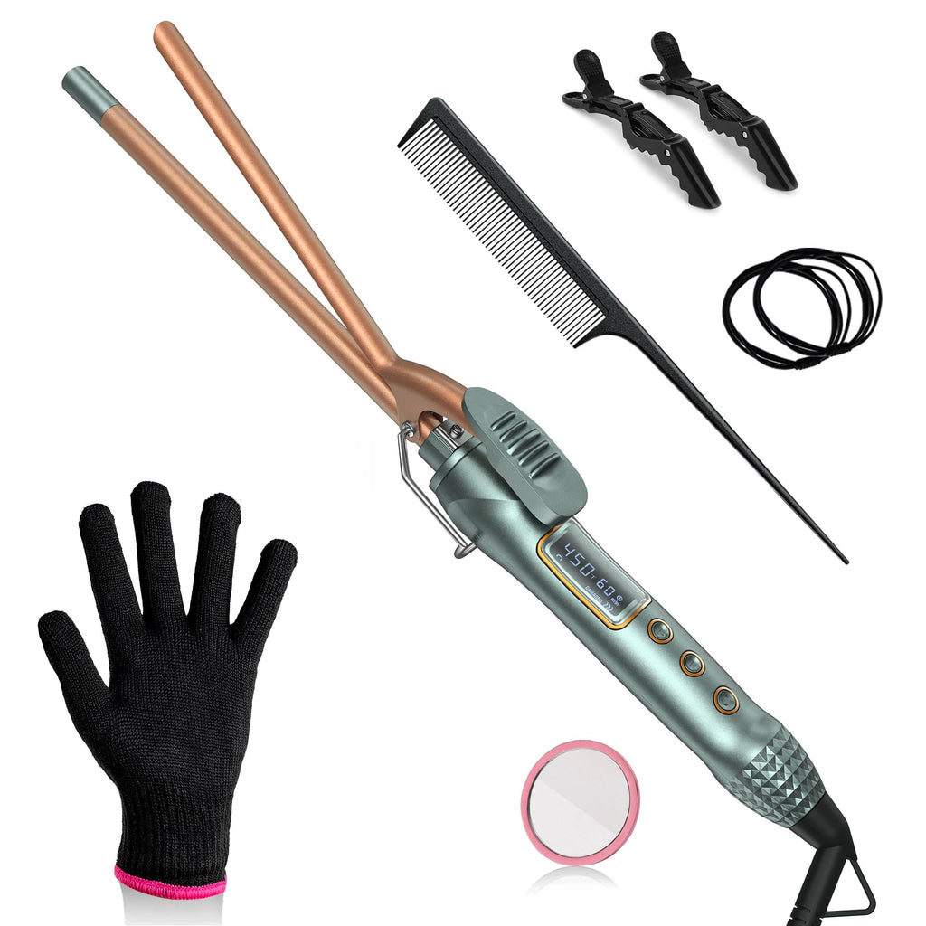 Vogewood 3/8 Inch Small Curling Iron 9mm Tiny Curling Wand for Medium & Long Hair Ceramic Small Barrel Curling Iron with Adjustable Temperature with Heat Resistant Glove 8-in-1 Gift Set