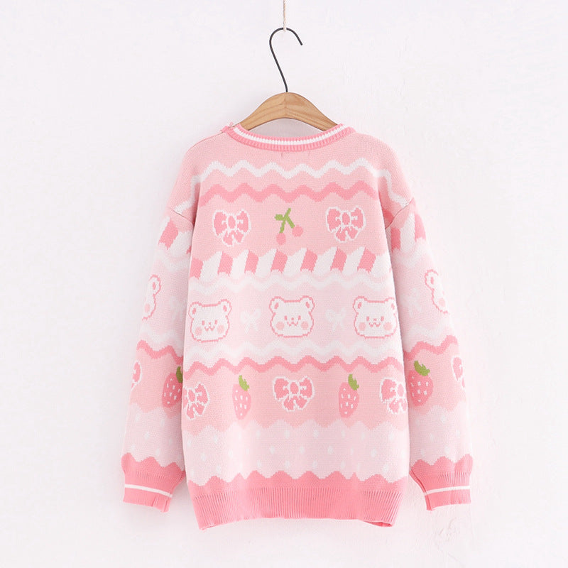 YH16413 Women's Cute Cartoon Bear Knit Sweater