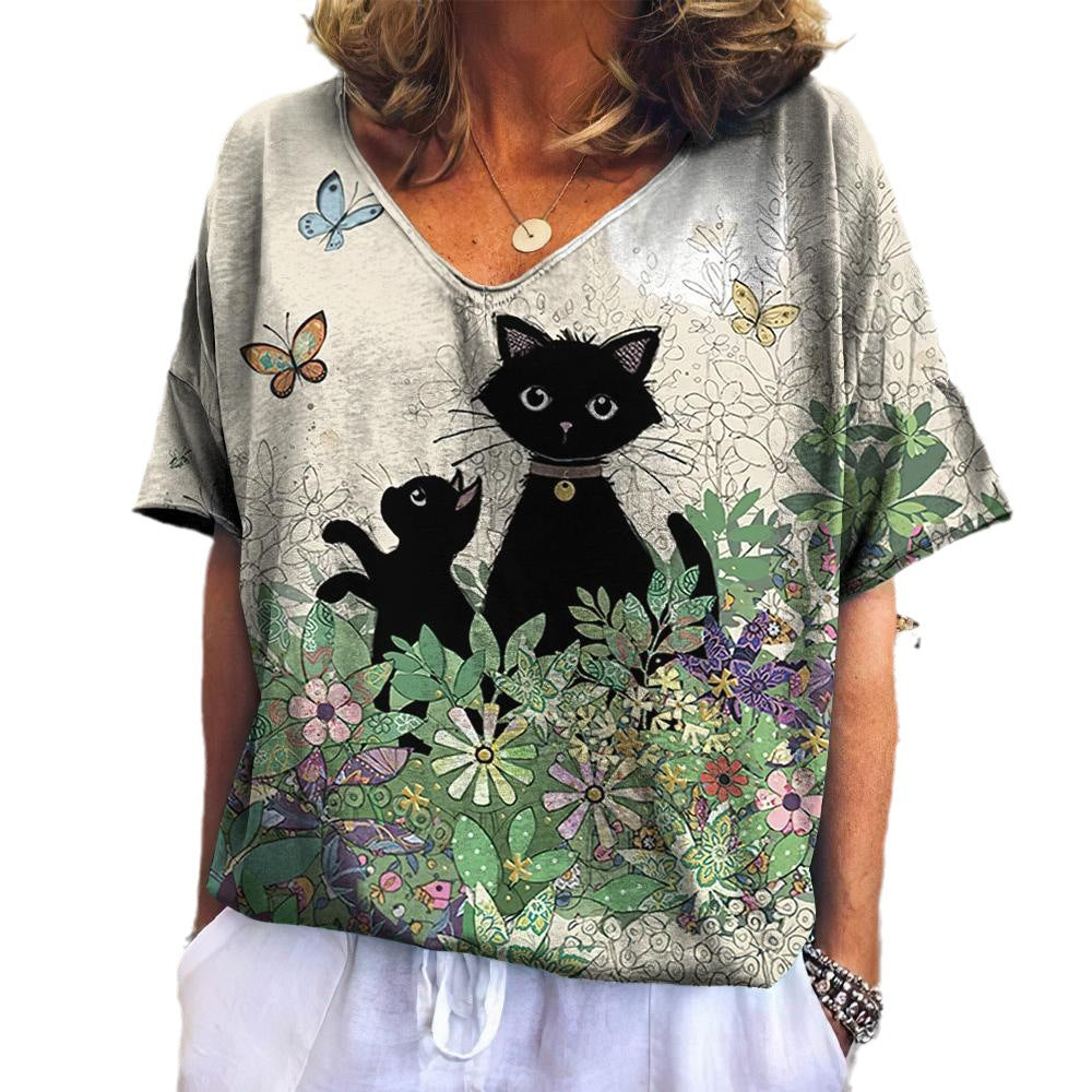 2023 Summer Women's V-Neck T-Shirt with 3D Cat Print
