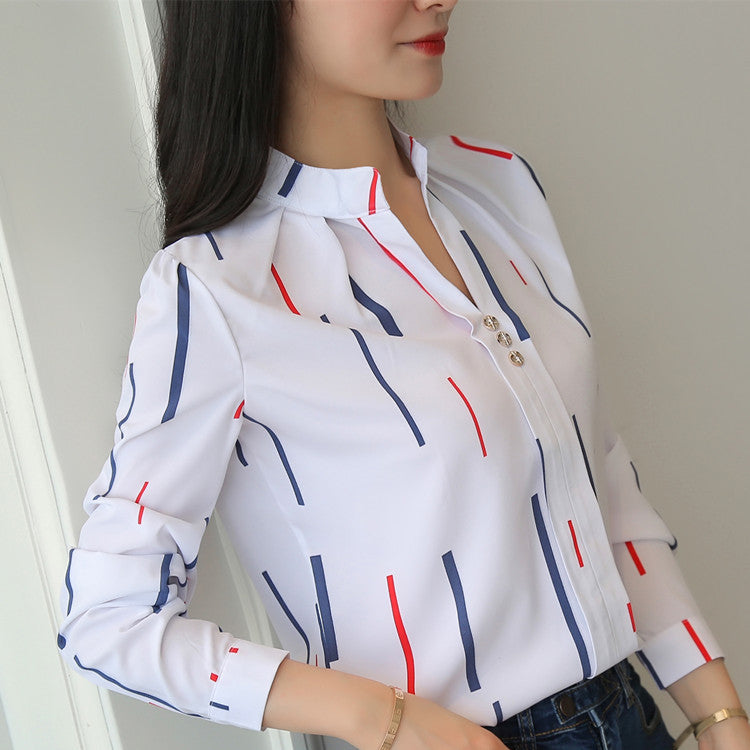 Loose Striped Stand Collar Women's Shirt - Long Sleeve Top