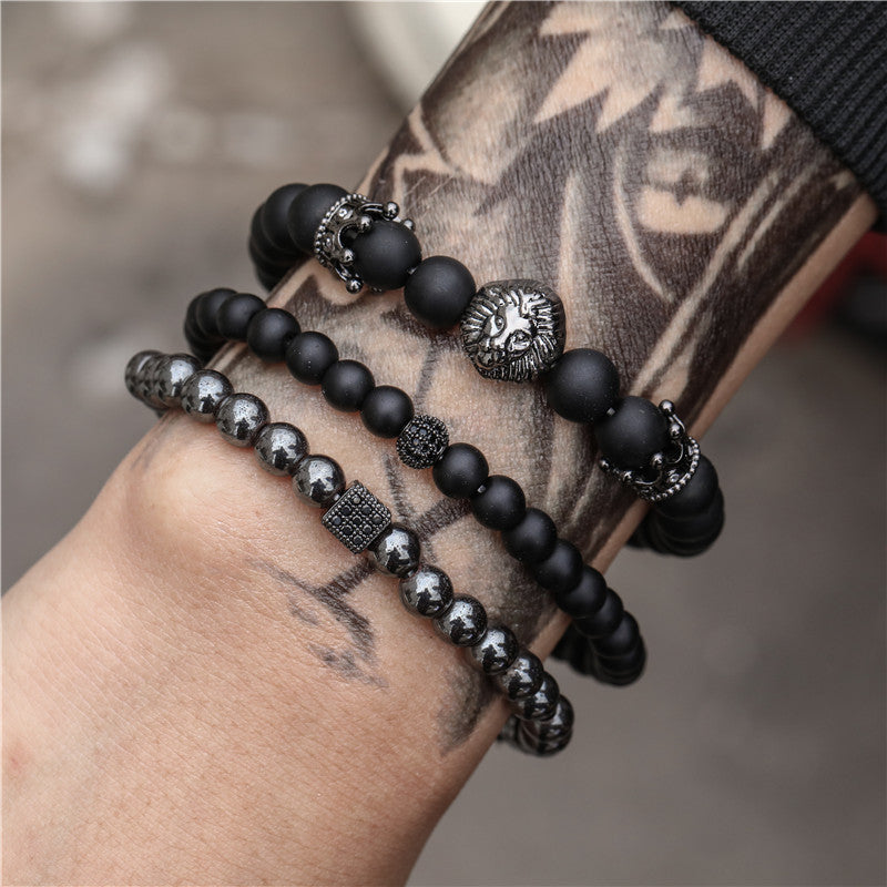 Vintage Black Matte Bracelet Set with Zircon Crown & Lion Head
