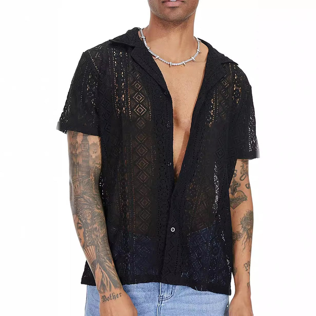 Men's Lace Short Sleeve Shirt with Floral Design