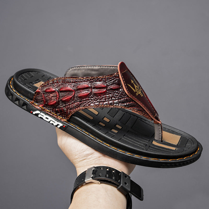 Men's Genuine Leather Crocodile Print Casual Sandals