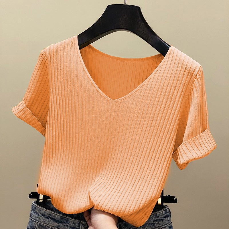 Summer Ice Silk Knit Black T-Shirt for Women