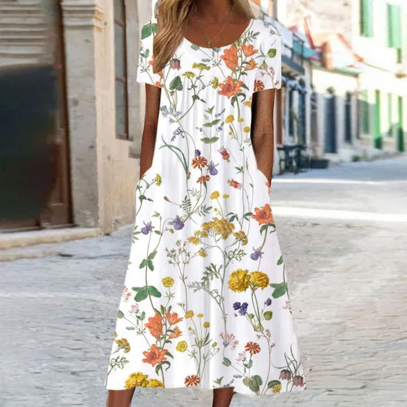 Loose Fit Short Sleeve Printed Bohemian Dress