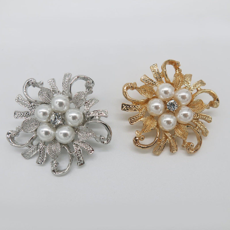 Korean Rhinestone Flower Brooch with Pearl Accents