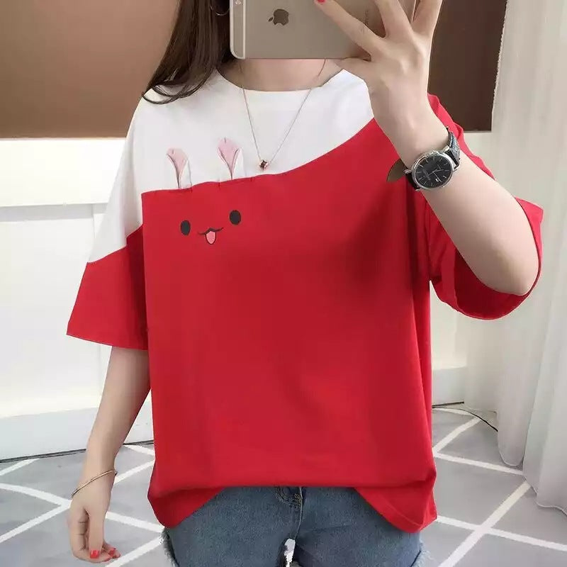 2024 Summer Embroidered Rabbit Color Block T-Shirt