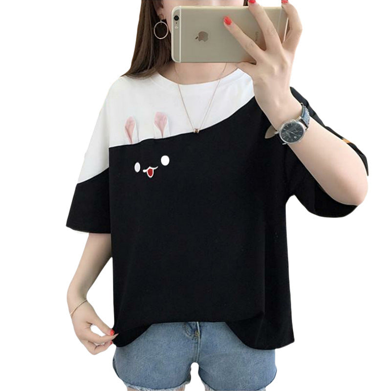 2024 Summer Embroidered Rabbit Color Block T-Shirt