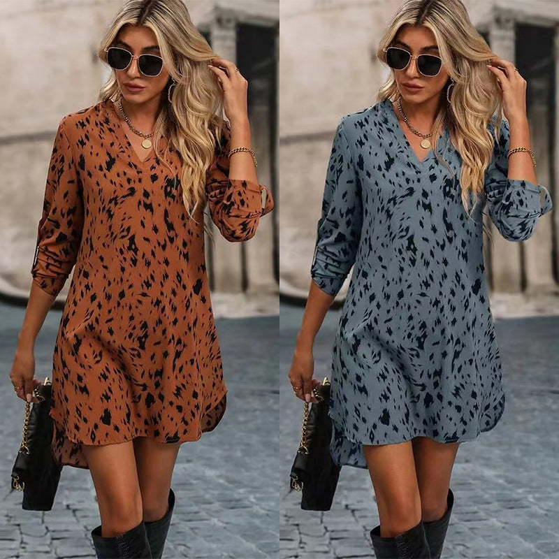 Women's Fashion Long Sleeve Leopard Print Dress 2024