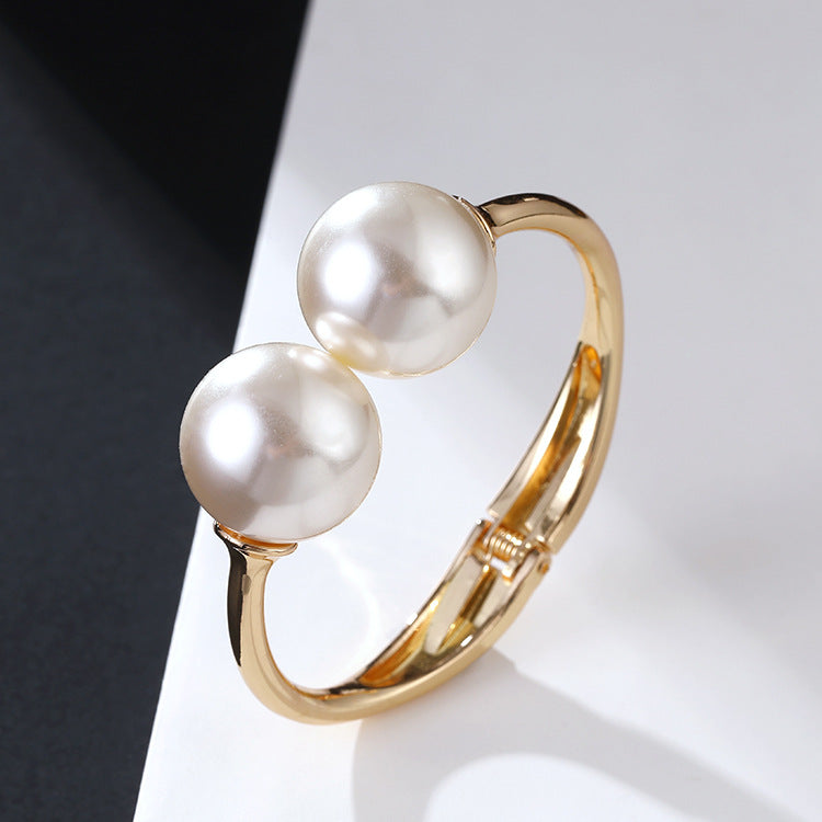 Minimalist Pearl Bracelet and Open Bangle for Women
