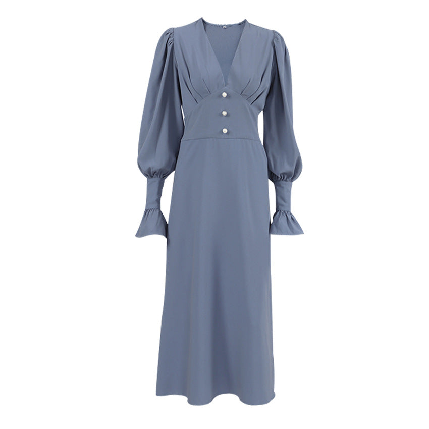 French Lantern Sleeve V-Neck Dress - Elegant Retro Style