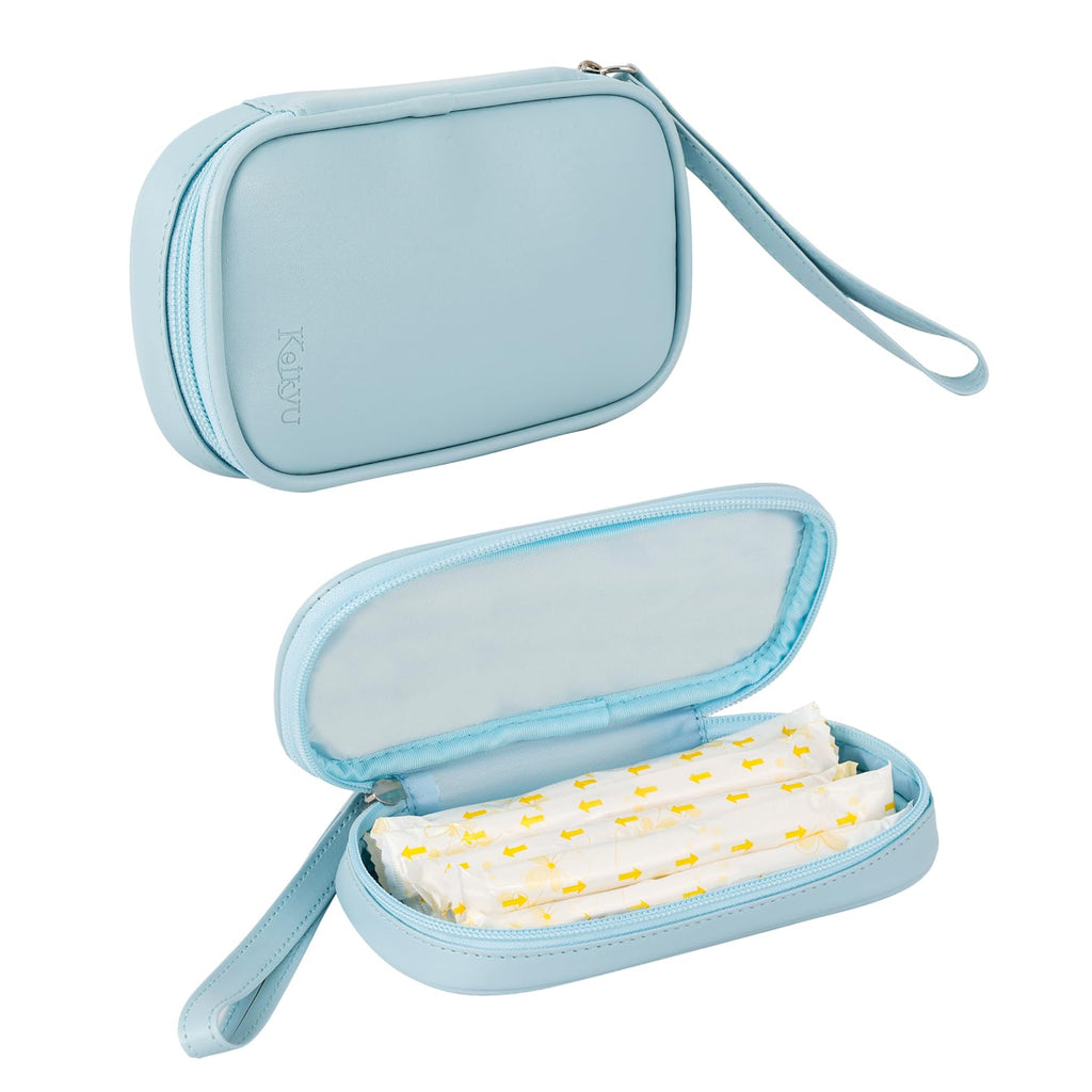 Koikyu Tampon Storage Bag PU Leather Tampon Organizer Bag with Zipper Handle Small Pouch for Feminine Products Portable Period Bags for Women Ladies (Light Blue)