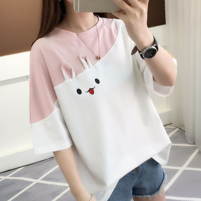 2024 Summer Embroidered Rabbit Color Block T-Shirt