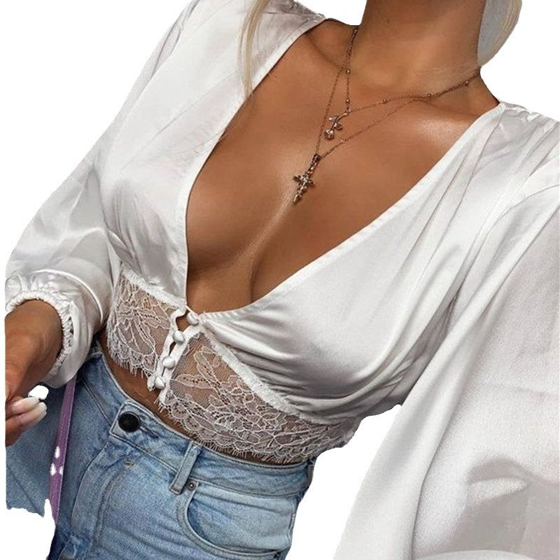2024 Autumn Sexy Long Sleeve Deep V Lace Top