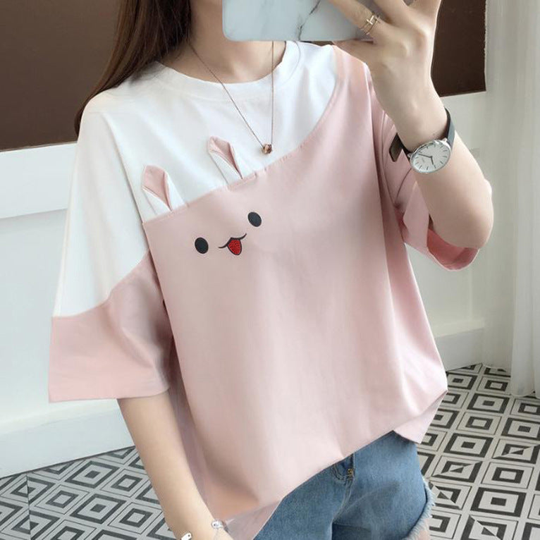 2024 Summer Embroidered Rabbit Color Block T-Shirt