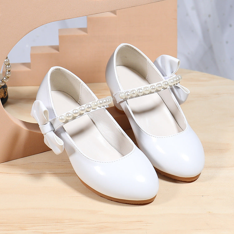 Girls' White High Heels with Bowknot and Pearl Detail