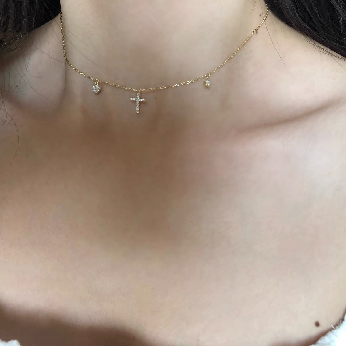 18K Champagne Gold Cross Heart Necklace for Women