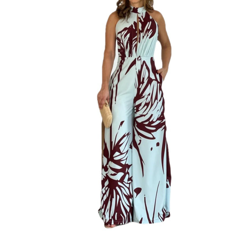 2023 Summer Women's Fashion High Neck Print Jumpsuit