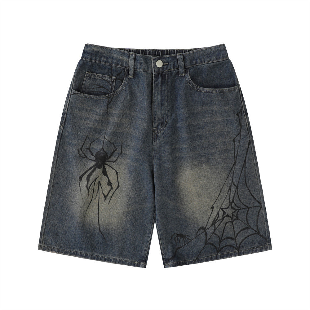 Men's Loose Vintage Denim Shorts with Spider Print