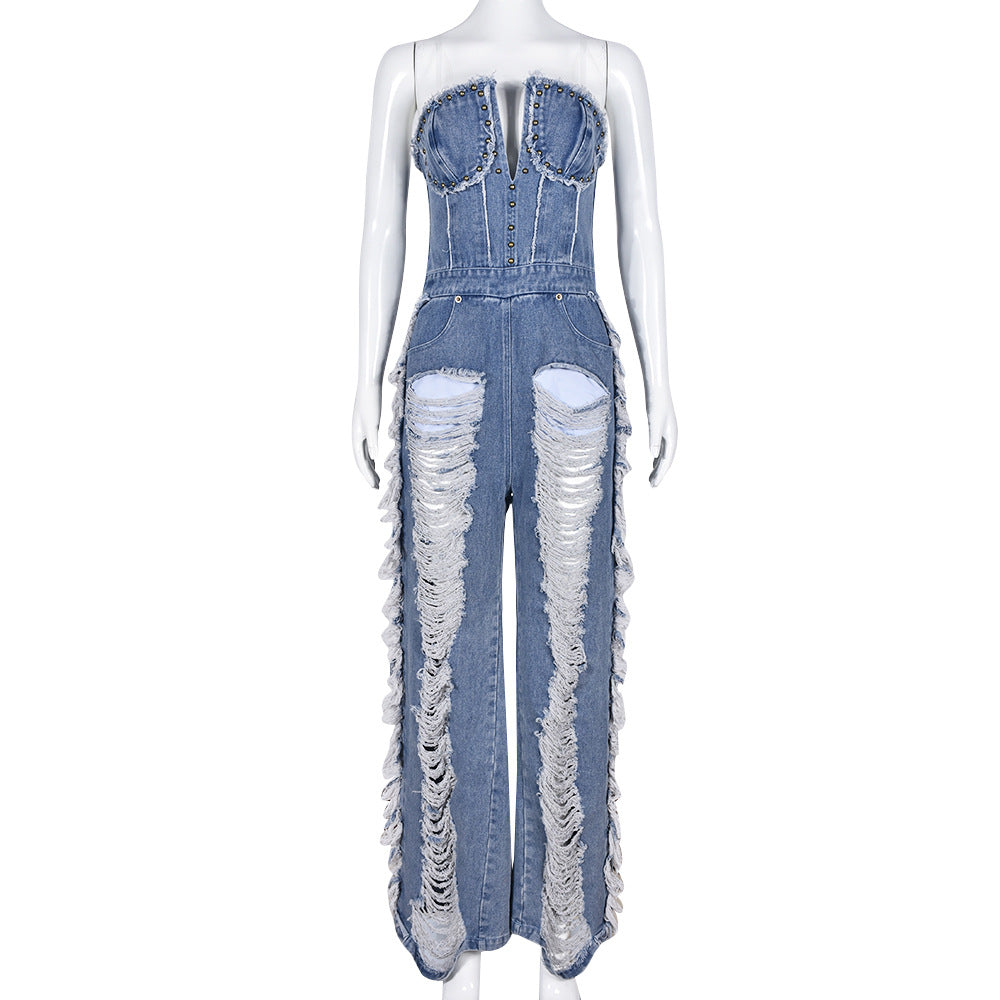 7637JR Women's Summer Denim Jumpsuit with Fringe