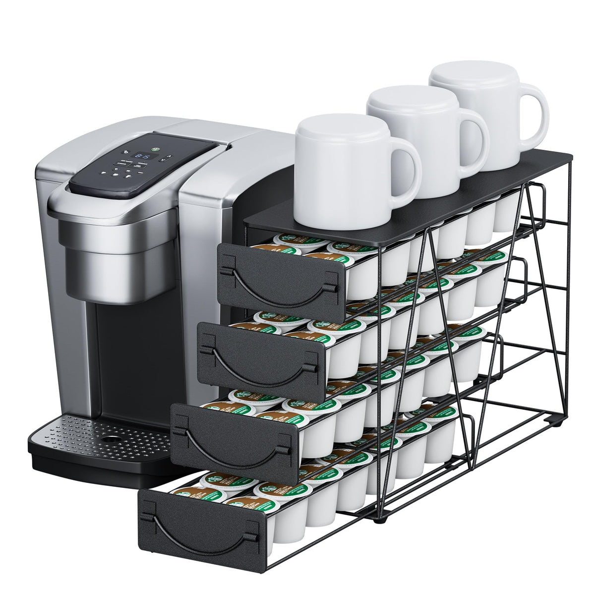 HFHOME Coffee Pod Holder For Counter Pod Holder for K-cups 4-tier Metal Coffee Capsule Storage Drawer 56 Capacity Pods Organizer for Cafe Counter Home Office or Kitchen Black