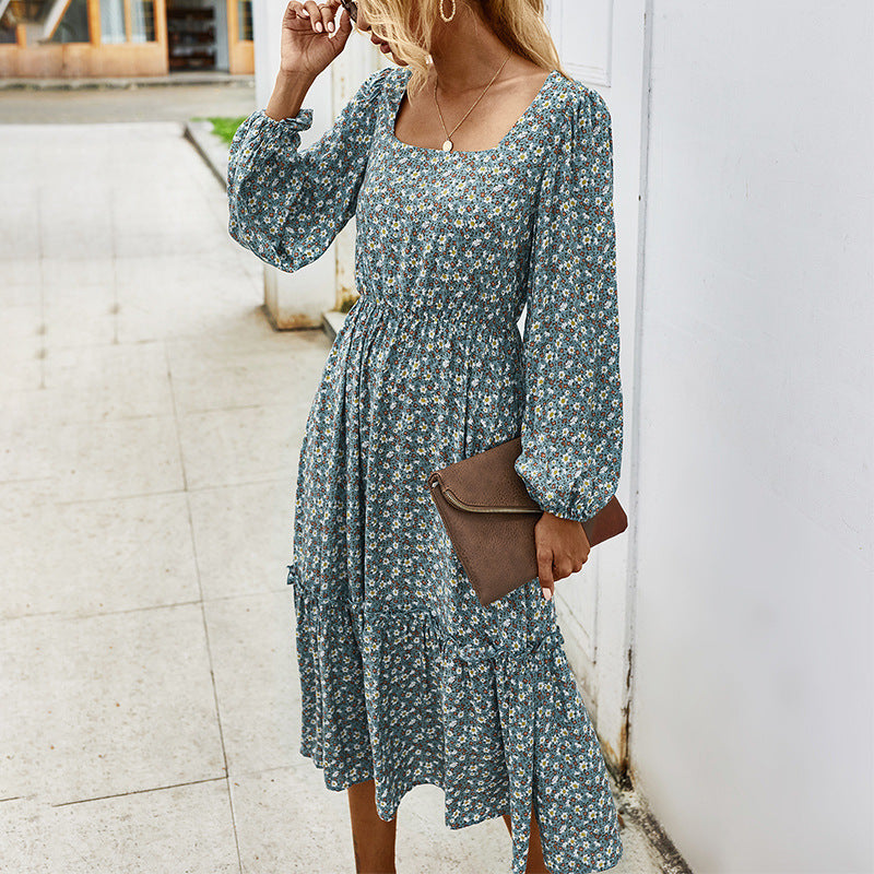 Autumn Winter Floral Print Dress with Square Neck