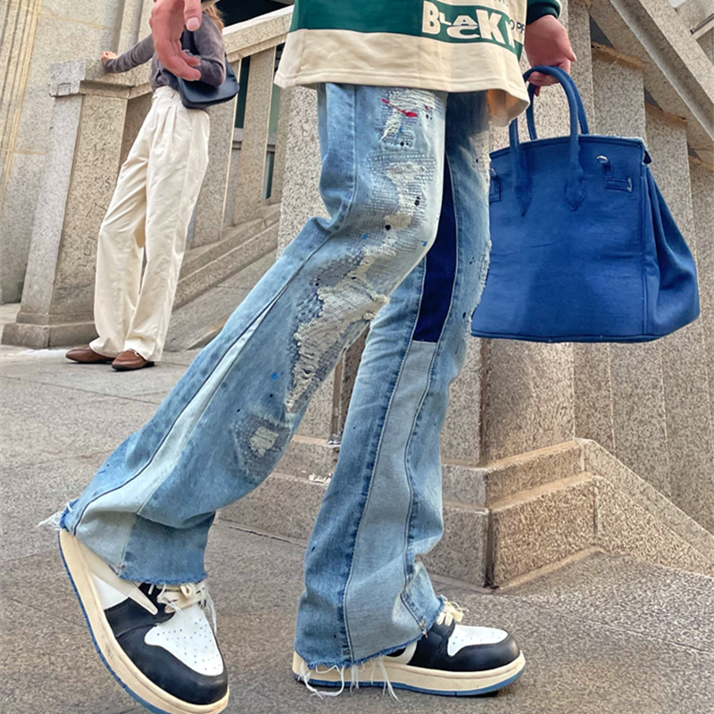 Men's Ripped Straight Loose-Fitting Patchwork Jeans