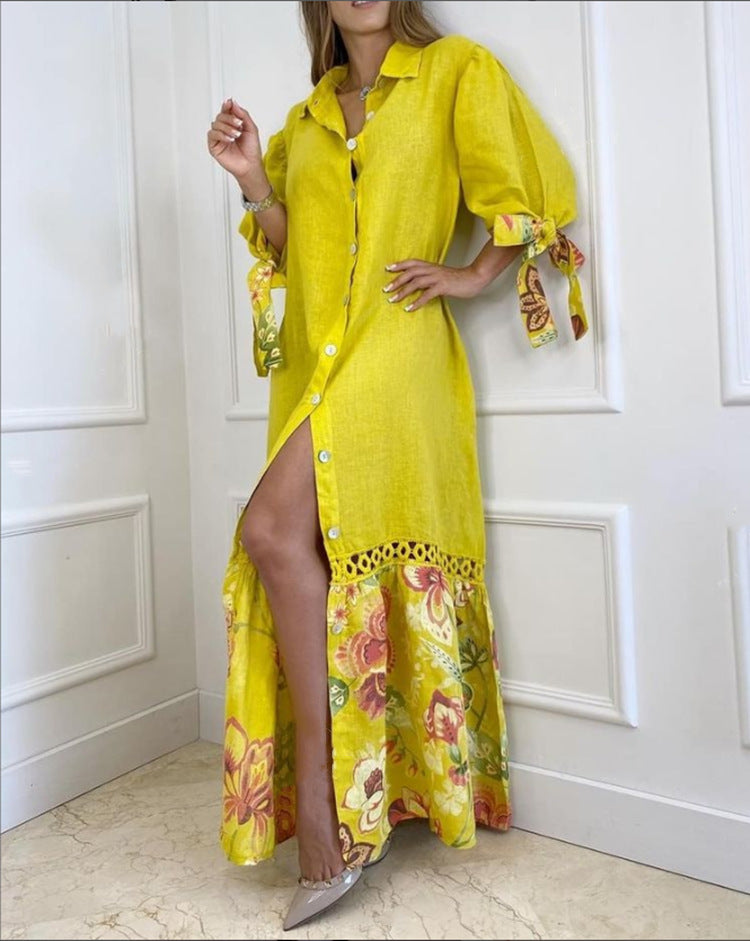 Summer Lace-Trimmed Long Dress with 7-Point Sleeves