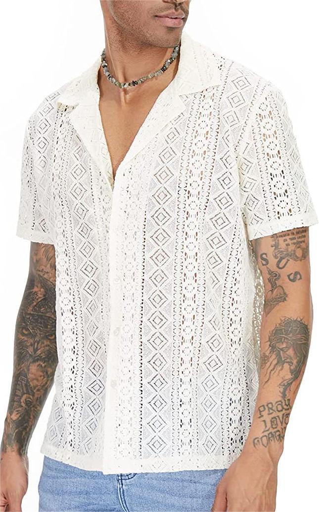 Men's Lace Short Sleeve Shirt with Floral Design