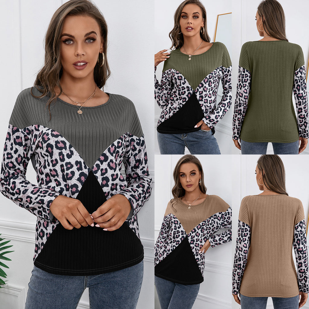 Leopard Print Round Neck Loose Knit Top for Women