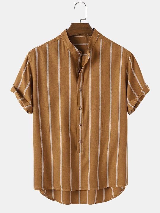 Stylish Striped Short Sleeve Men's Shirt with Stand Collar