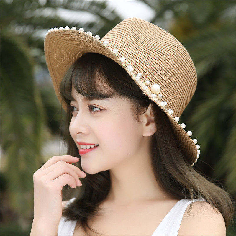 Korean Style Pearl Wide-Brim Straw Hat for Adults