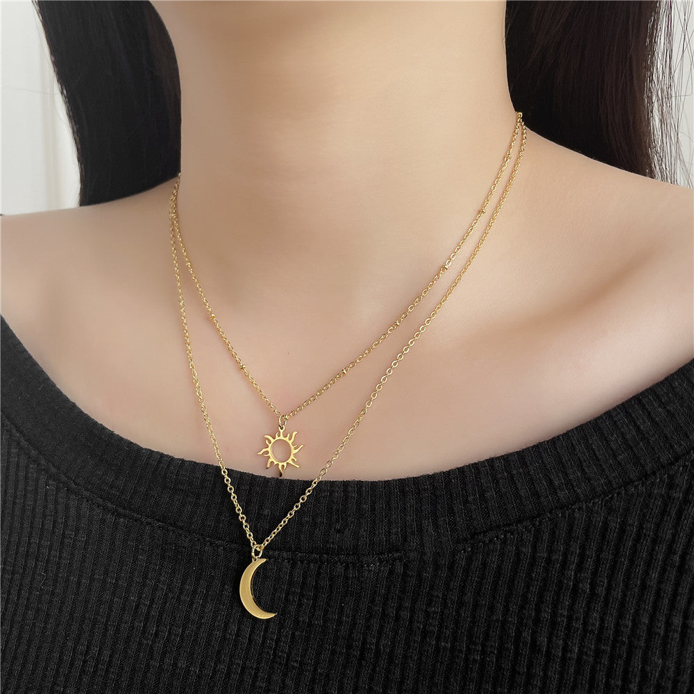 Stainless Steel Sun Moon Multi-Layer Necklace for Women