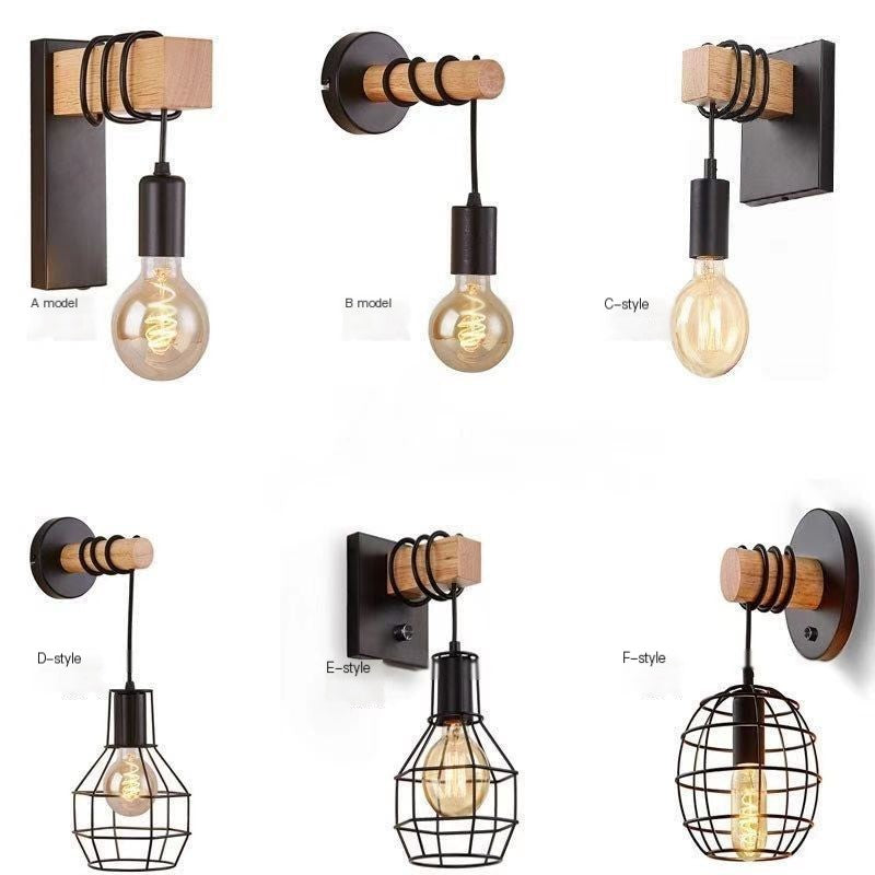 Creative American Wood Wall Lamp with Iron Shade E27