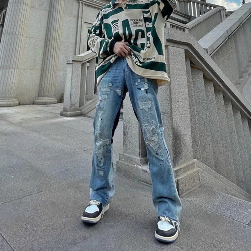 Men's Ripped Straight Loose-Fitting Patchwork Jeans