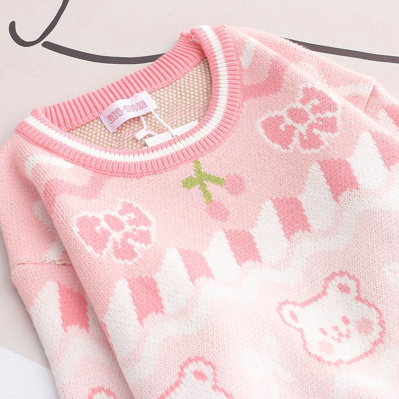 YH16413 Women's Cute Cartoon Bear Knit Sweater