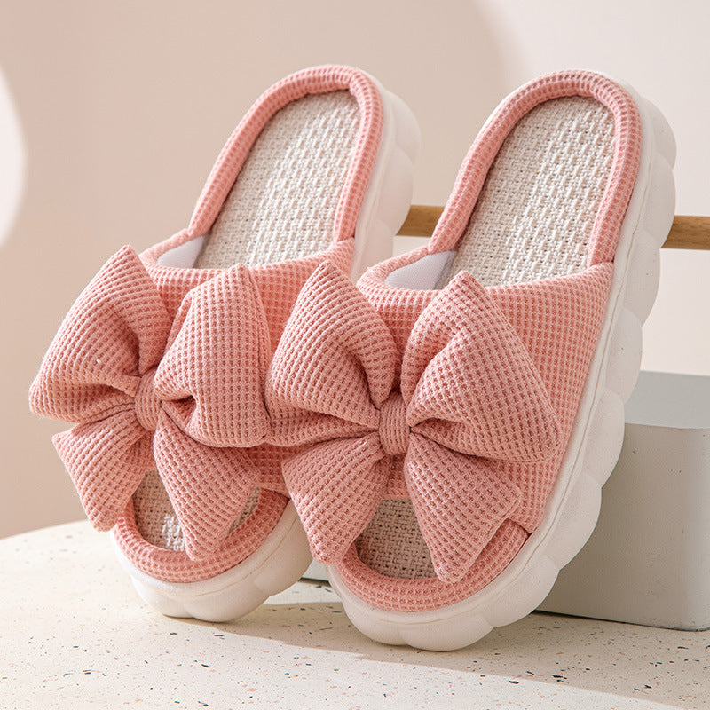 Solid Color Bow Knot Thick Sole Open Toe Slippers