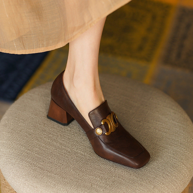 Retro Soft Leather Chunky Heel Women's Shoes