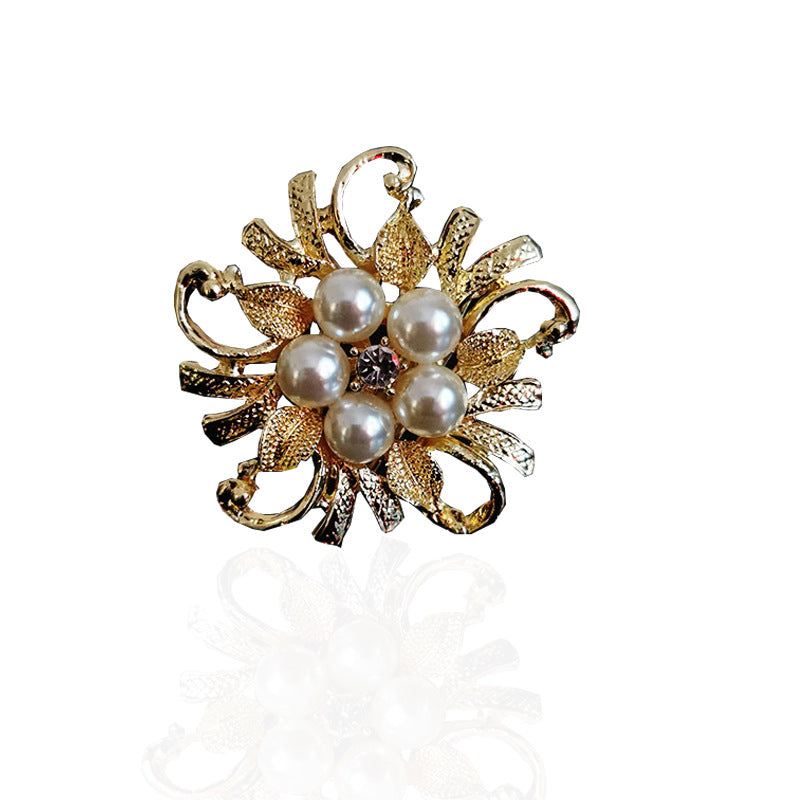 Korean Rhinestone Flower Brooch with Pearl Accents