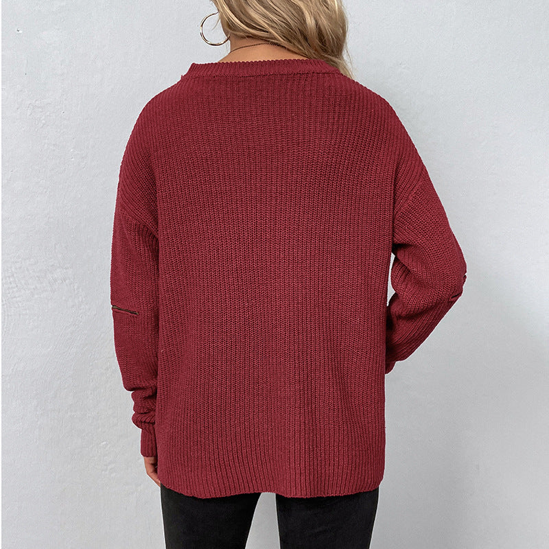 V-Neck Knit Sweater with Zipper for Women 2023 Fall