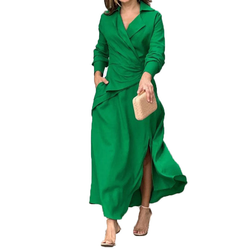 Autumn New Women's Casual Solid V-Neck Long Sleeve Dress