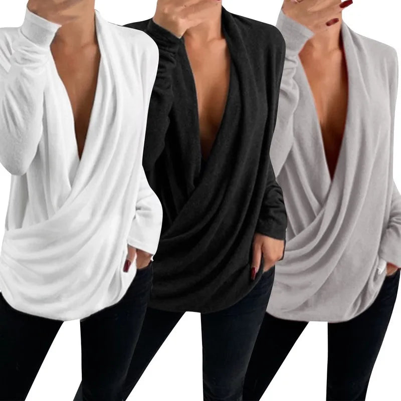 2023 Women's V Neck Long Sleeve Pleated Wrap Top Blouse