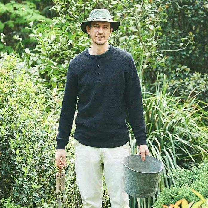 Men's Casual Long Sleeve T-Shirt in Solid Color Waffle