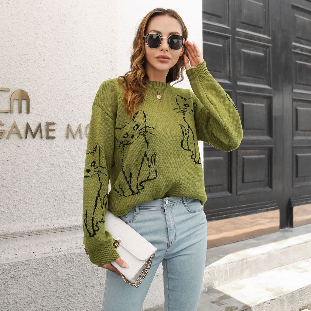 Loose-Fit Cat Pattern Sweater for Women, Fall/Winter