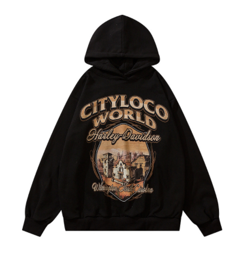 Retro High Street Hip Hop Cartoon Foam Print Hoodie