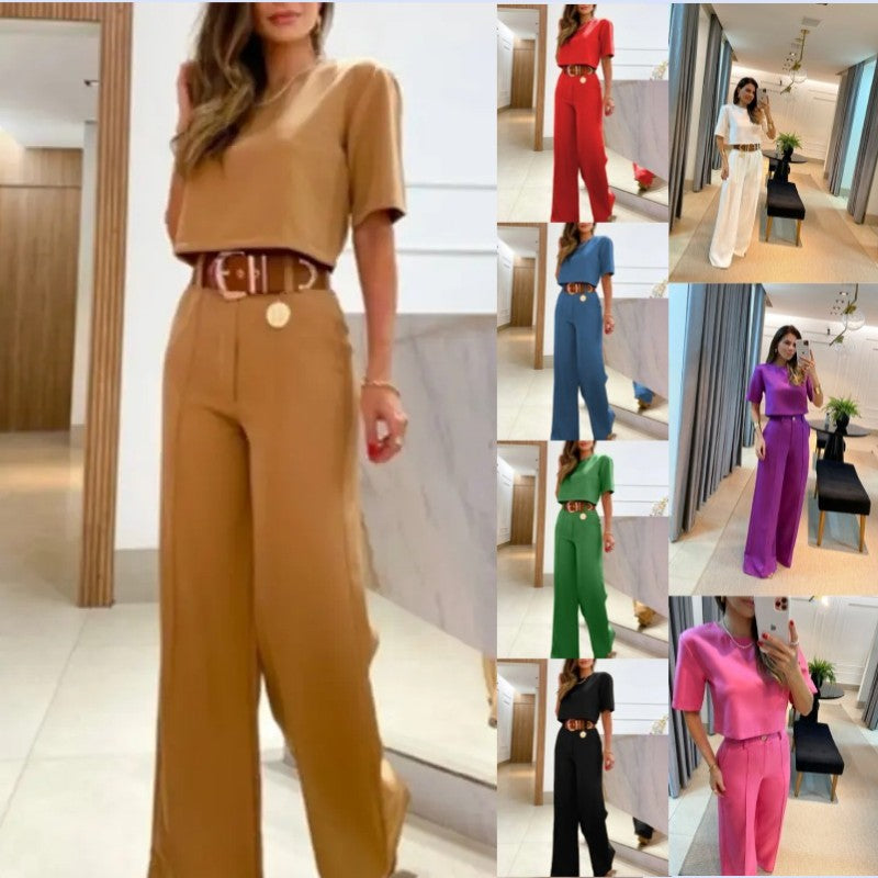 DJ9998 Women's Solid Color Short Sleeve T-Shirt & Pants Set