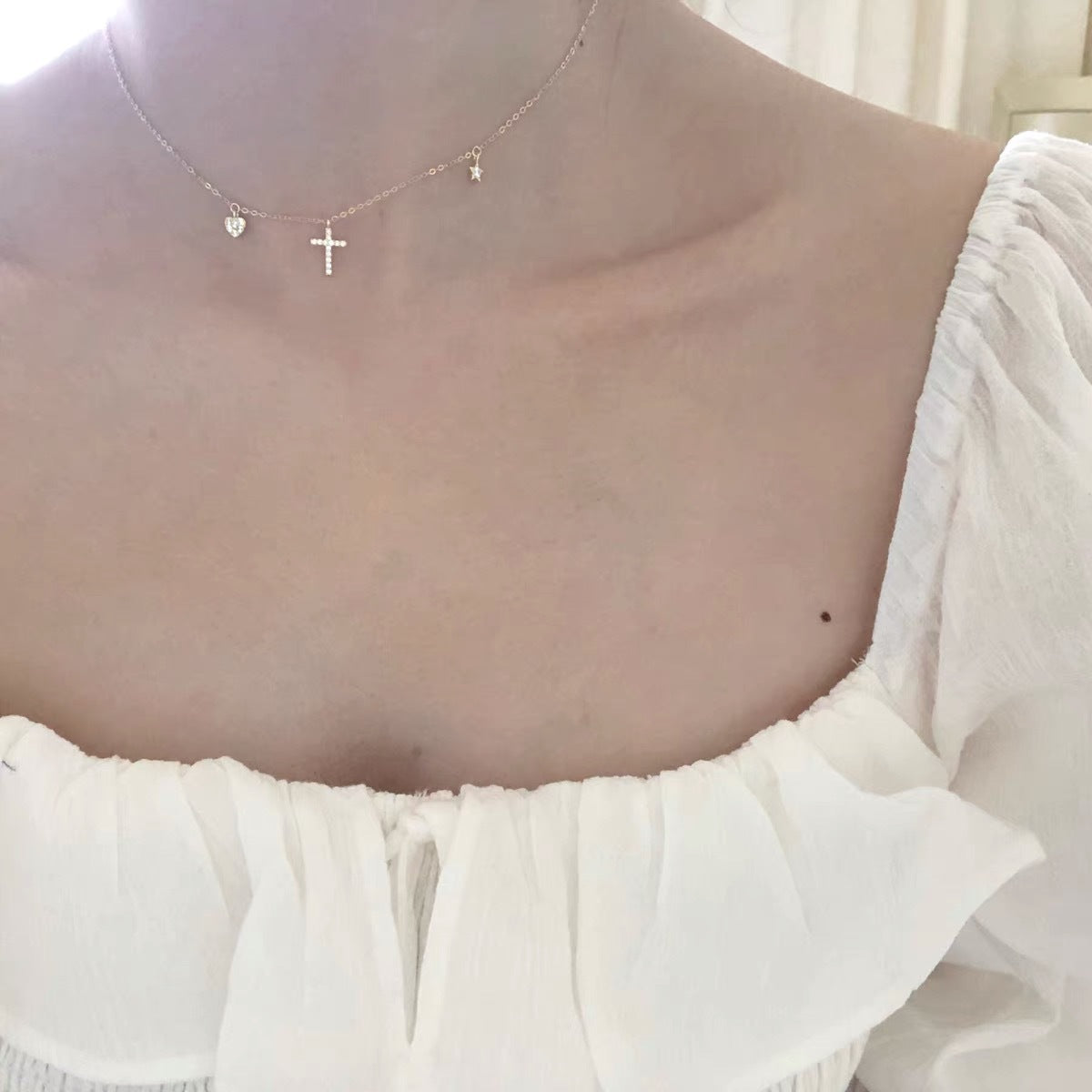 18K Champagne Gold Cross Heart Necklace for Women